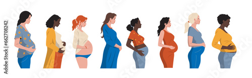 Pregnant women set. Woman expectant baby, mother holding newborn, multicultural motherhood with diverse clothes and accessories. Vector set