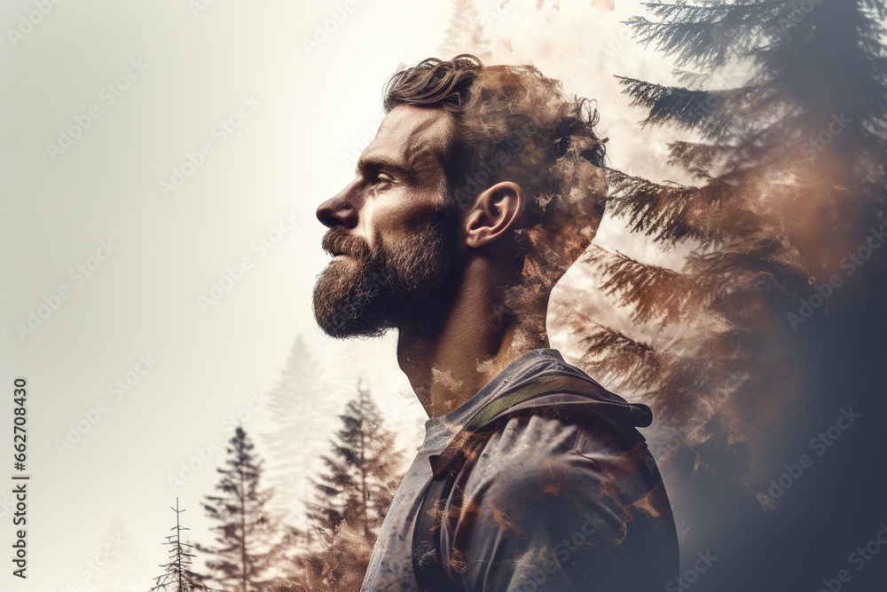 Double exposure of a man's portrait intertwined with the serene beauty of a pine forest, evoking a sense of oneness with nature and a deep connection to the wilderness. Ai generated Double exposure of a man's portrait intertwined with the serene beauty of a pine forest, evoking a sense of oneness with nature and a deep connection to the wilderness. Ai generated