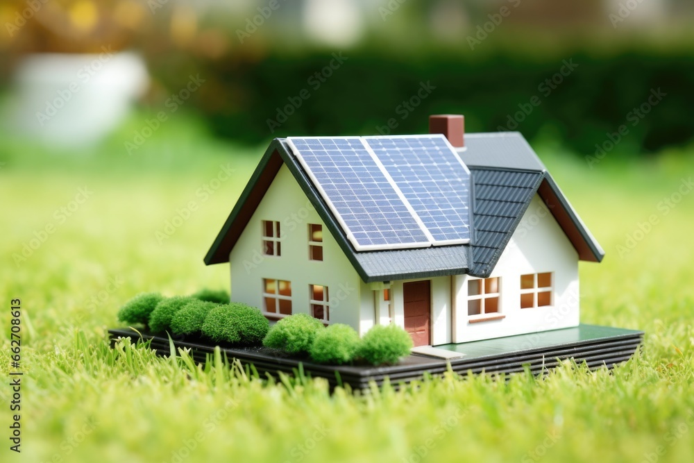 house model and solar panel on grass house model and solar panel on grass
