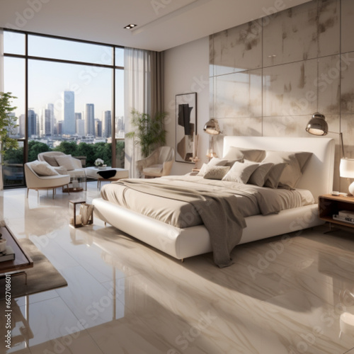 Generative AI,3d rendering luxury bedroom suite in hotel with view to the city