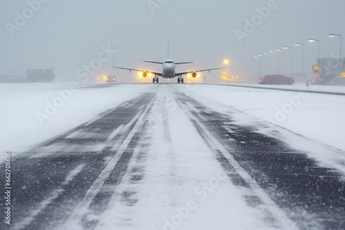 photo of runway during heavy snowfall showing poor visibility
