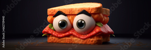 Banner with cute sandwich. Sandwich with salami, herbs and sauce. Header panorama for website, advert, children's menu, signboard, eatery.
