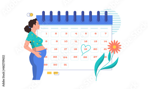 Pregnancy calendar. Monthly countdown with pregnant woman, cartoon gynecology appointment with due mother baby. Vector illustration