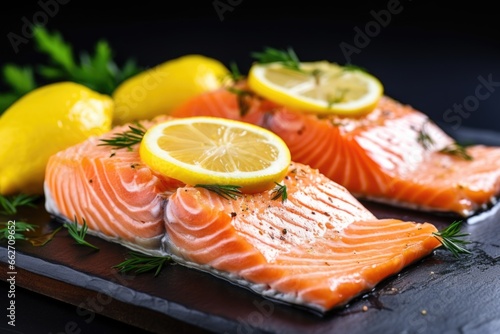 close-up shot of a salmon fillet with lemon slices