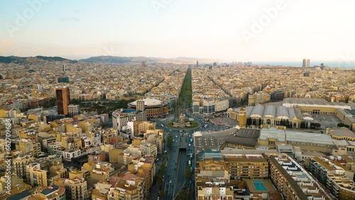 Following above Gran Via towards Plaça d'Espanya, in the historic city of Barcelona photo