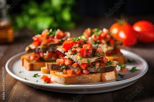 stack of anchovy bruschetta on rectangle plate photo
