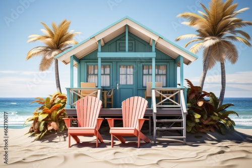  Coastal cottage-style minimal cute house with a wraparound porch  colorful beach chairs  and ocean waves in the background  Generative AI