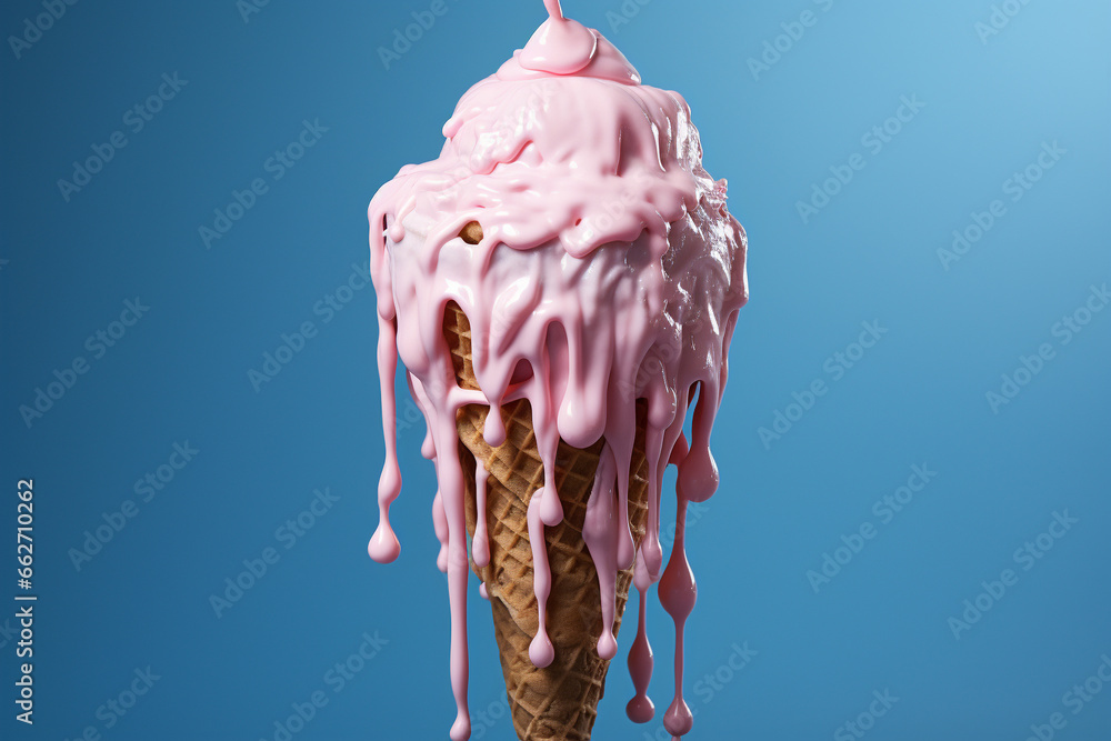 Pink ice cream cone in the process of melting against a serene blue ...