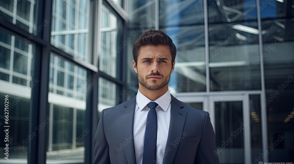 Model showcasing a sophisticated business attire, emphasizing confidence, set against a modern corporate building backdro Model showcasing a sophisticated business attire, emphasizing confidence, set against a modern corporate building backdro