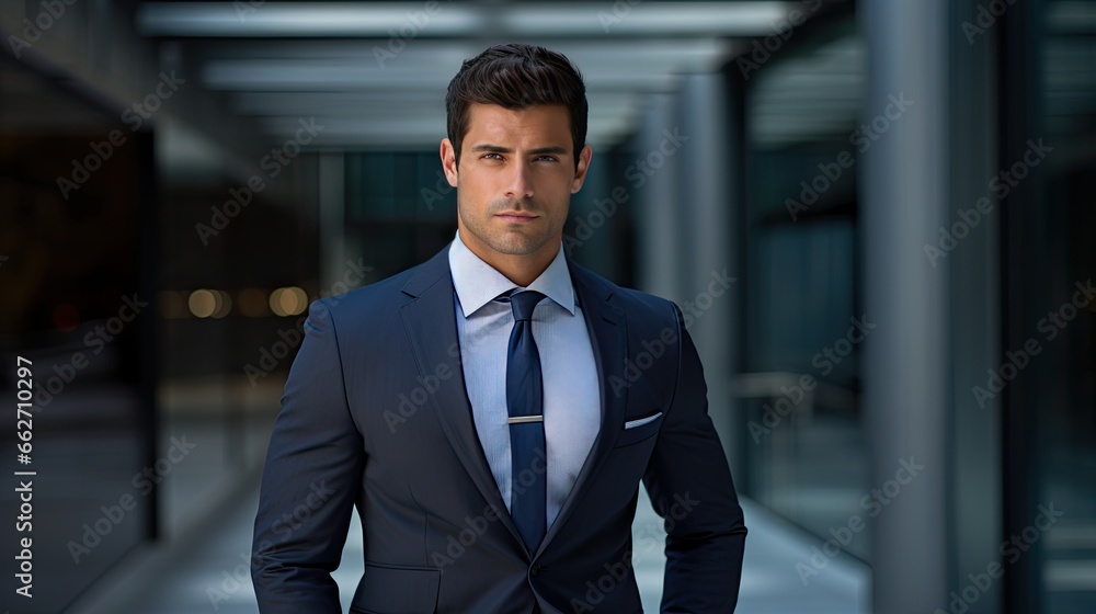Model showcasing a sophisticated business attire, emphasizing confidence, set against a modern corporate building backdro