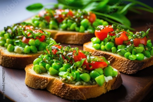 bruschetta slices decorated with bright green edamame beans
