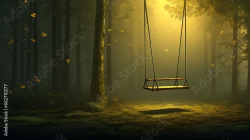 An empty swing swaying gently in a misty forest, surrounded by tall trees with leaves in vibrant shades of green and yellow, evoking a sense of solitude and nostalgia photo