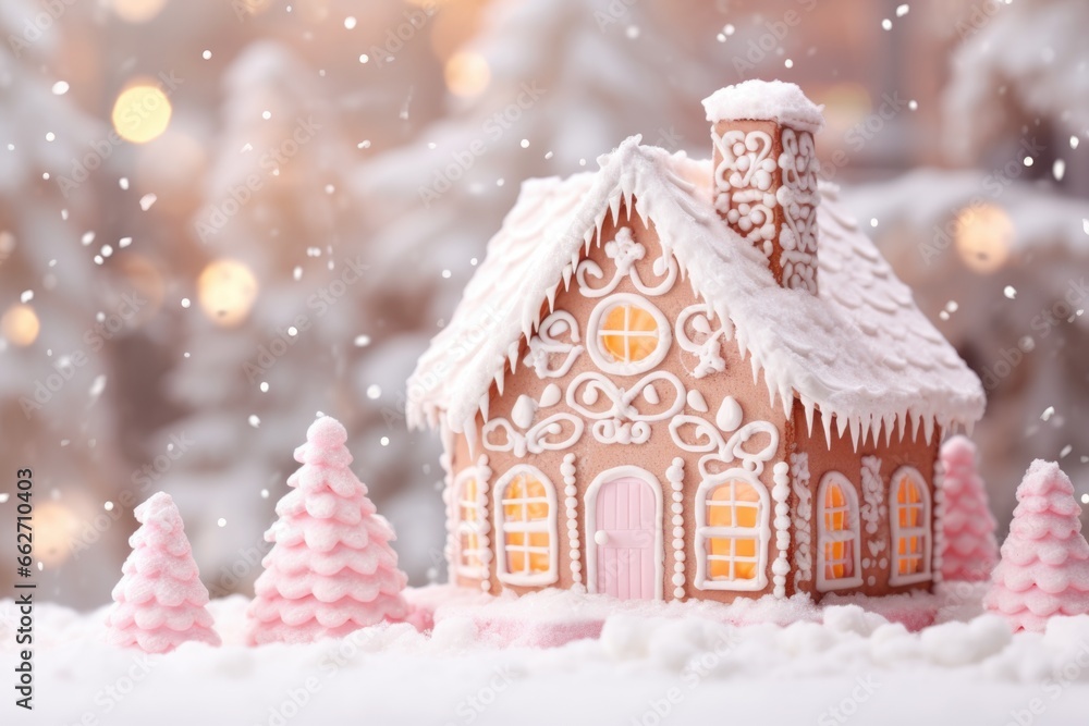 Christmas snowy background, winter landscape with gingerbread house, candy land