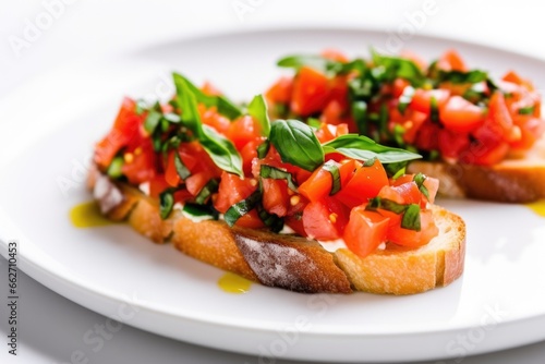 close-up shot of bruschetta with vibrant, green fresh basil leaves on a white plate