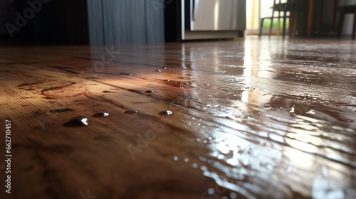 Flooded kitchen floor, water leaking. Closeup view of a waterlogged kitchen floor © Sourav Mittal