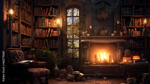 A candle-lit room with a bookshelf filled with old  weathered books  where the soft  flickering glow creates an ambiance of peaceful solitude and intellectual contemplation