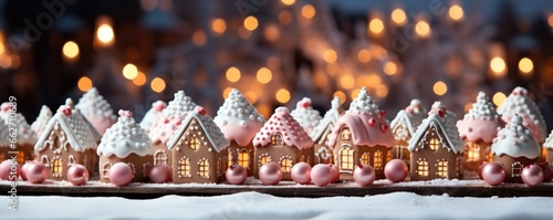 Christmas snowy background, winter landscape with gingerbread houses, candy land © Jasmina