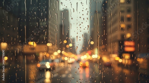A close-up view of raindrops sliding down the surface of a windowpane, distorting the view of a busy city street below, creating a feeling of cozy introspection