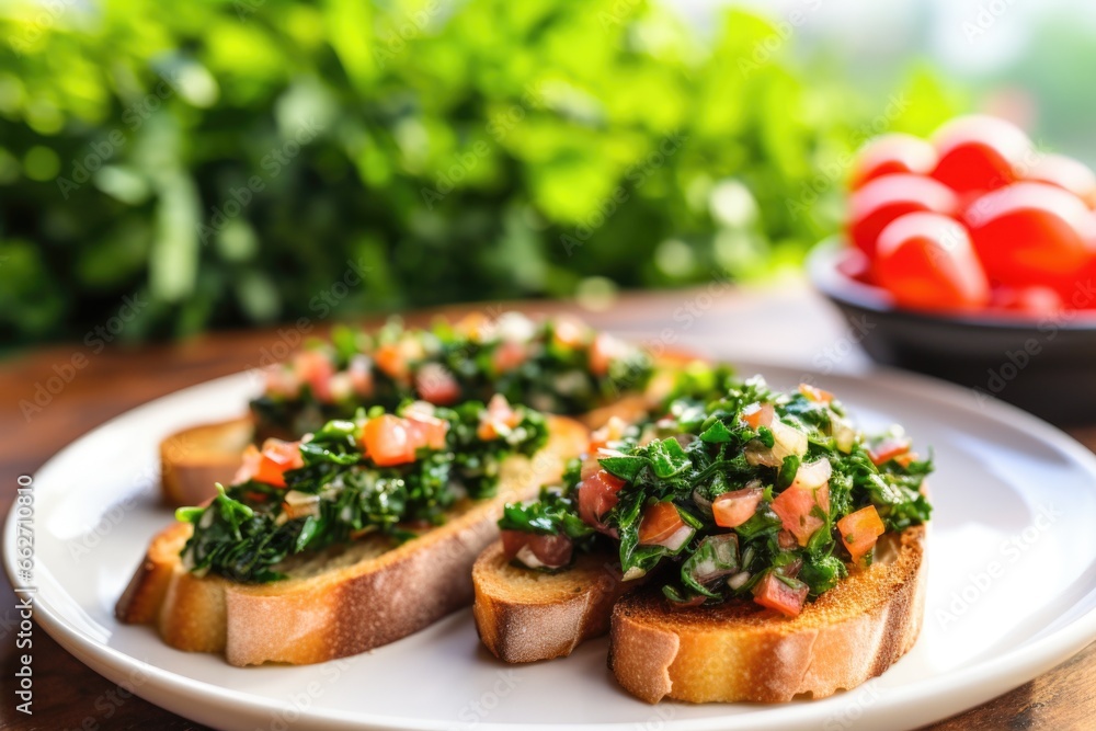 close-up on cut parsley paired with sliced bruschetta on a plate close-up on cut parsley paired with sliced bruschetta on a plate