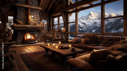 A cozy, rustic cabin nestled in a snowy mountain valley, with a crackling fireplace inside and a breathtaking view of snow-covered peaks outside, offering a haven of relaxation