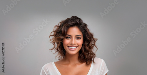 Young model woman smiling looking at the camera. For advertising, ad, ads, advert. Dental, beauty, skincare, wellness, lingerie, healthy, gym, hairdresser, support, advisor. Isolated, light background photo