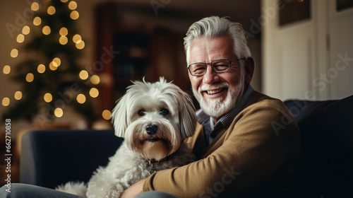 An elderly man with a dog.