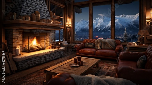 A cozy, rustic cabin nestled in a snowy mountain valley, with a crackling fireplace inside and a breathtaking view of snow-covered peaks outside, offering a haven of relaxation
