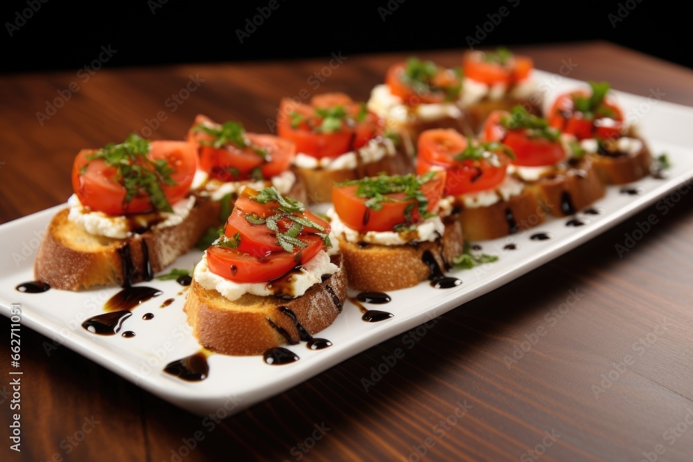 photo of freshly baked goat cheese bruschetta with olive oil drizzle photo of freshly baked goat cheese bruschetta with olive oil drizzle