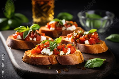 bruschetta with goat cheese garnished with fresh basil leaves