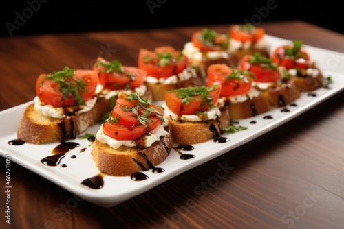 photo of freshly baked goat cheese bruschetta with olive oil drizzle
