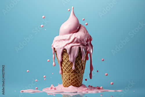 Pink ice cream cone in the process of melting against a serene blue background, evoking a sense of summery nostalgia. Ai generated
