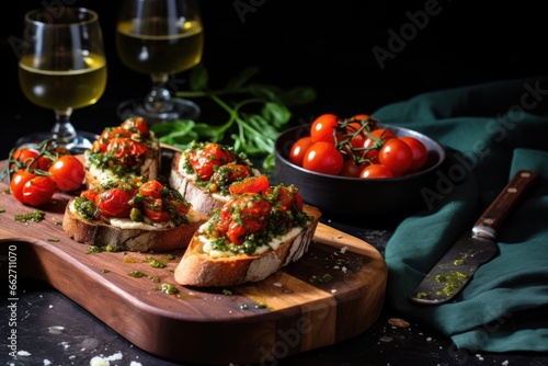 herby bruschetta with blistered cherry tomatoes on a glass table