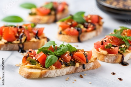 bruschetta with hummus on a marble surface