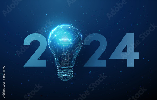 Abstract Happy 2024 New Year greeting card with blue light bulb. Ai and buisnes concept. Low poly style design photo