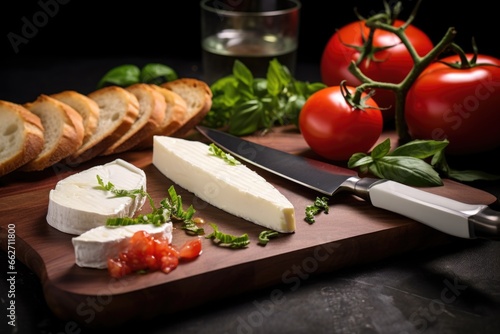 elegant cheese knife next to staked mozzarella bruschetta