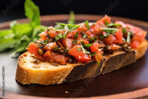 closeup of a morsel of bruschetta with one whole olive on it