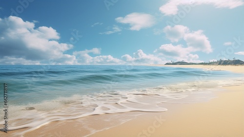 A secluded  sun-drenched beach with soft  powdery sand and gentle waves lapping at the shore  where the view of the endless ocean horizon calms the mind