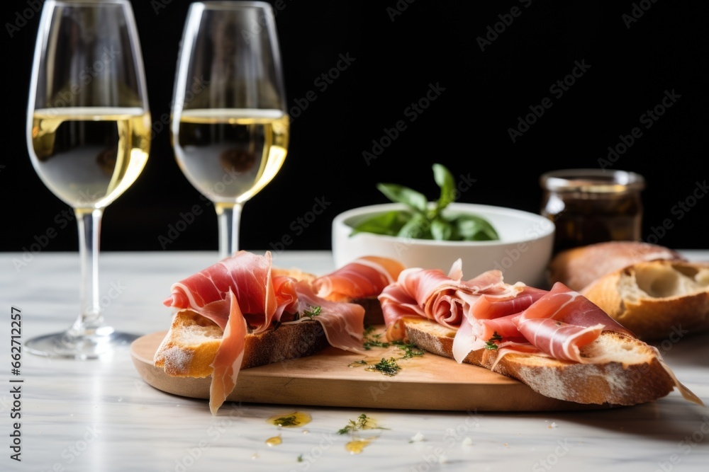 prosciutto bruschetta next to a white wine bottle prosciutto bruschetta next to a white wine bottle