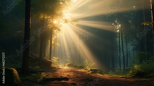 A sunbeam breaking through stormy clouds, casting a warm, ethereal light on a tranquil, mist-covered forest with dew-kissed leaves and a sense of hope photo