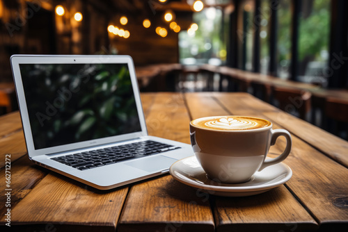 Laptop and Coffee cup on wooden table with copy space