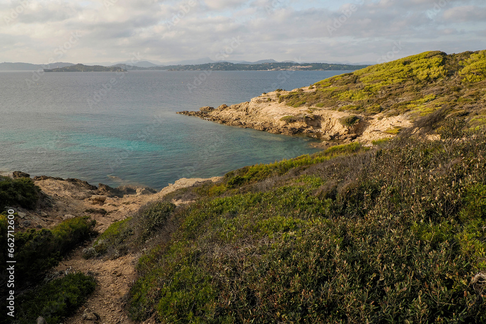 Langoustier red beach in porquerolles island france panorama landscape Langoustier red beach in porquerolles island france panorama landscape