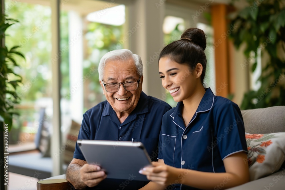 Nurse Assisting Senior Man with Tablet for Caregiving in Retirement Home Nurse Assisting Senior Man with Tablet for Caregiving in Retirement Home