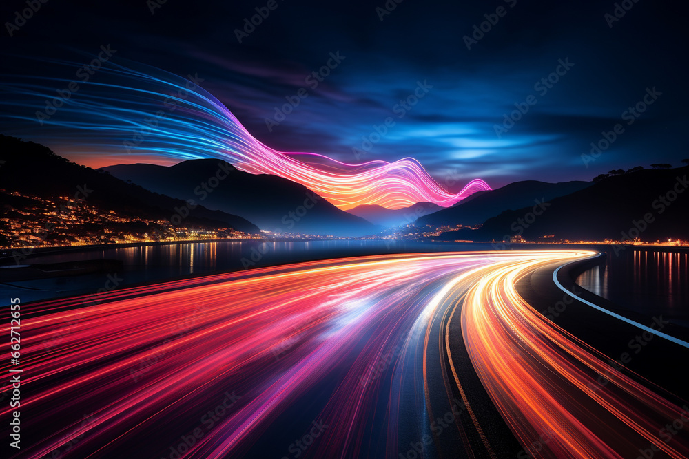 Mesmerizing beauty of light trails created through a long exposure shot on a winding road. Ai generated Mesmerizing beauty of light trails created through a long exposure shot on a winding road. Ai generated