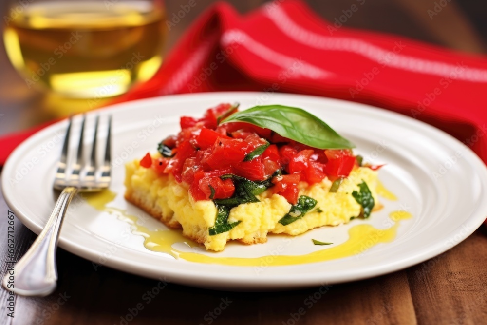 scrambled eggs on bruschetta served on a square dish with a red napkin underneath