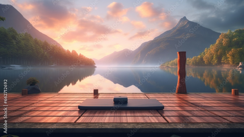 A tranquil lakeside view at sunrise, with a wooden yoga platform overlooking the calm water, where the reflection of the colorful sky and mountains sets a peaceful tone for yoga practice - obrazy, fototapety, plakaty 
