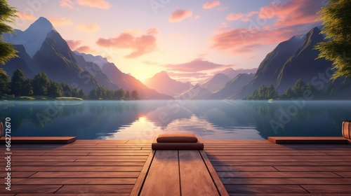 A tranquil lakeside view at sunrise, with a wooden yoga platform overlooking the calm water, where the reflection of the colorful sky and mountains sets a peaceful tone for yoga practice