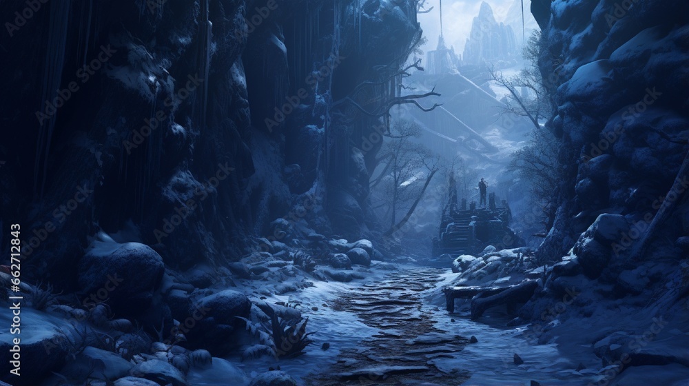 A winding mountain path covered in a thick blanket of snow, leading into a dense forest where the trees are laden with icicles, conveying a feeling of isolation and wonderment
