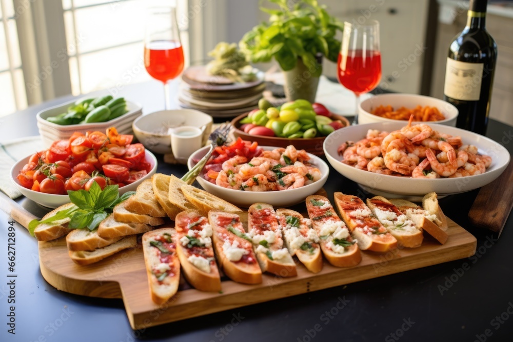 table full of shrimp bruschetta with accompanying drinks