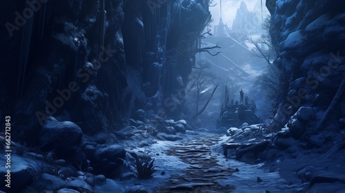 A winding mountain path covered in a thick blanket of snow  leading into a dense forest where the trees are laden with icicles  conveying a feeling of isolation and wonderment