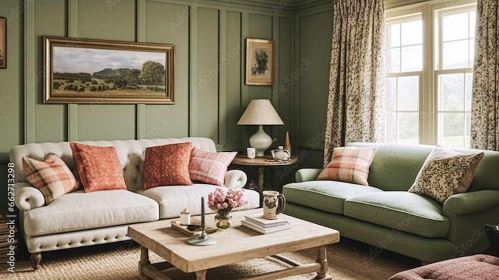 Fototapeta premium Cottage sitting room, green living room interior design and country house home decor, art gallery wall, sofa and lounge furniture, English countryside style